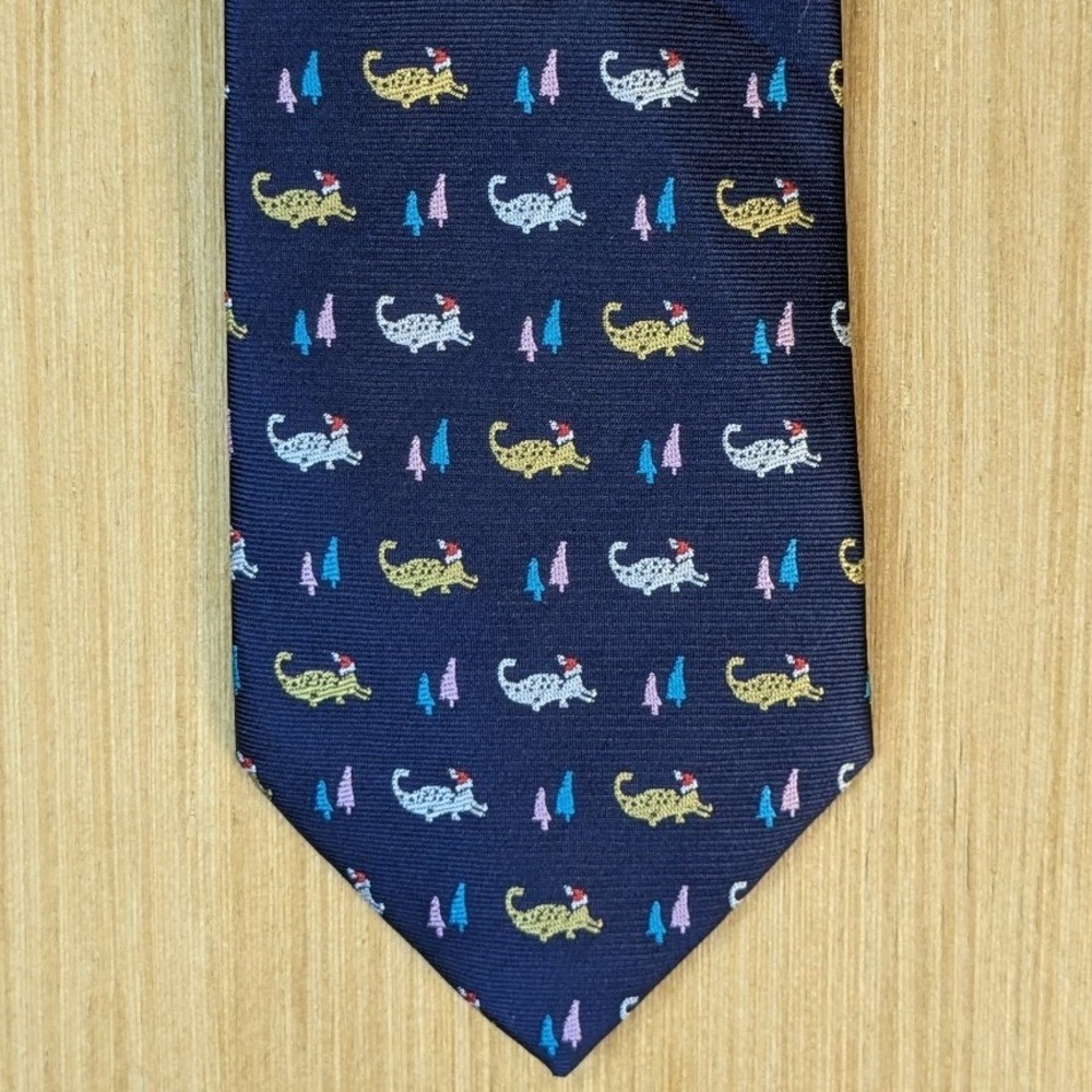 Hisdern Mens Navy Blue Christmas Dinosaur Santa Hat Silk Novelty Necktie NEW